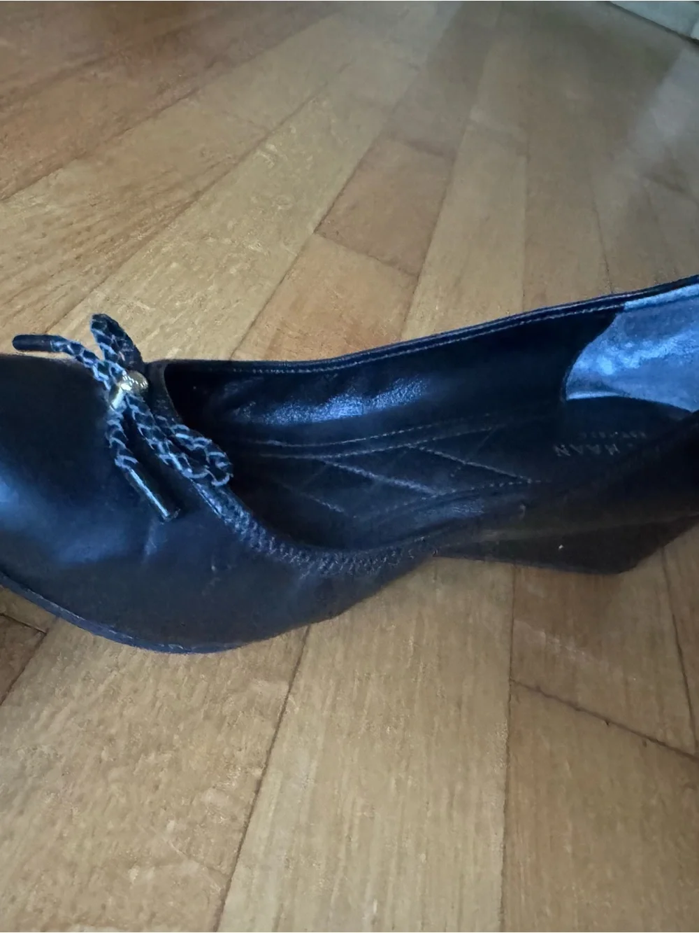 Cole Haan Black Leather Bow Trim Wedges